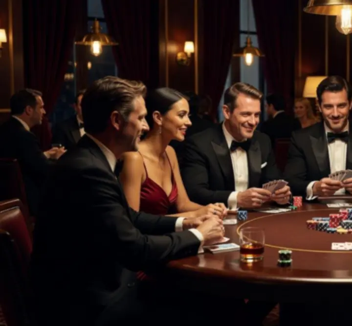 Cinematic nocna atmosfera pokerowego eventu z gośćmi przy stołach