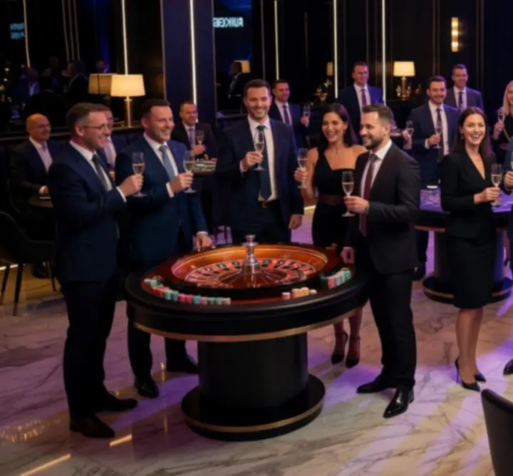 Elegancki event firmowy z mobilnymi stołami do ruletki i blackjacka.
