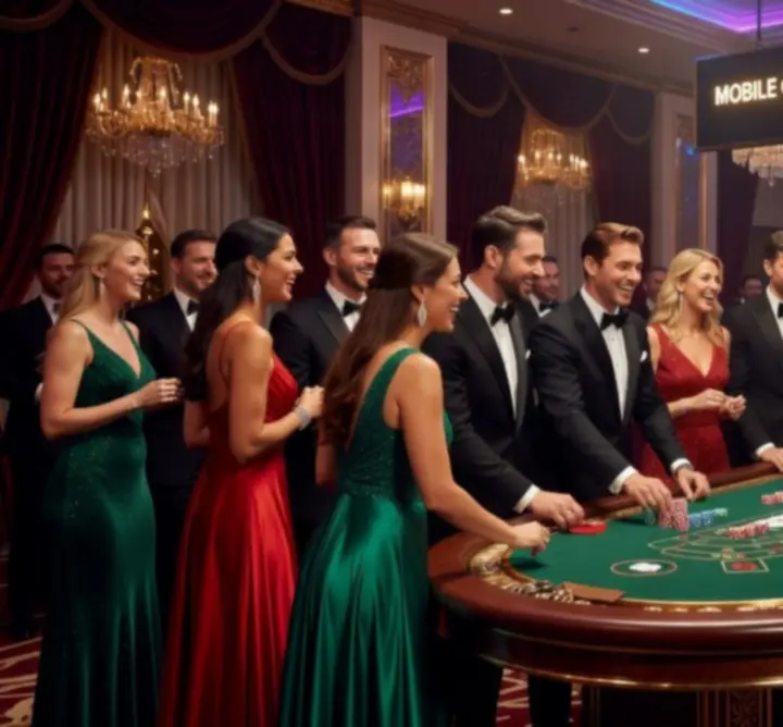 Kolaż zdjęć z eleganckich eventów casino, stołów do gry i bawiących się gości