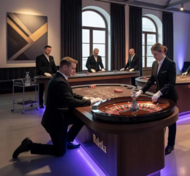 Mobilna strefa casino ustawiona w eleganckiej sali eventowej