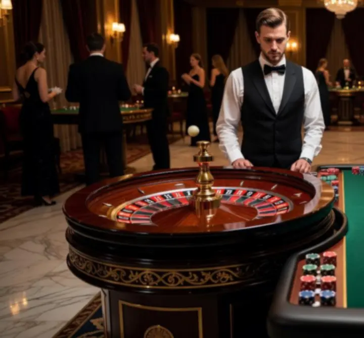 Profesjonalne stoły ruletki i blackjacka przygotowane na wieczorny event