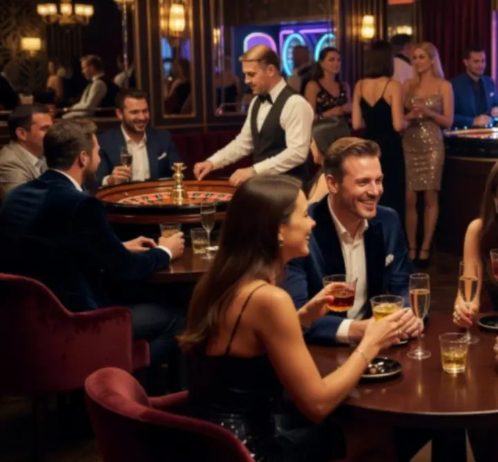 Grupa uśmiechniętych osób rozmawiających na eleganckim evencie