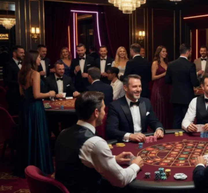Zadowoleni goście bawiący się przy mobilnym stole pokerowym na eleganckim evencie.